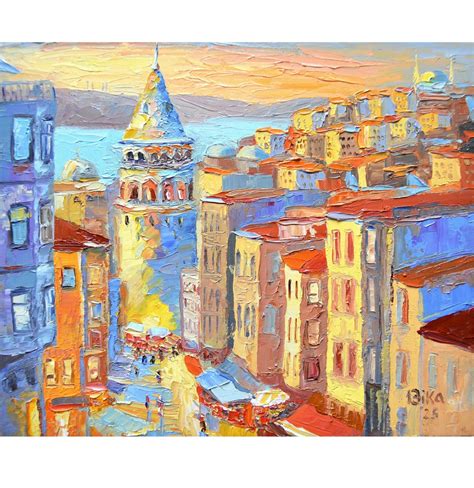 galata tower oil painting  original istanbul cityscape impasto