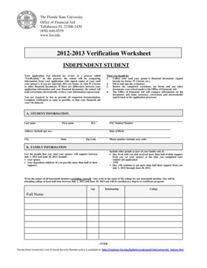 Fillable Online Finaid Fsu Verification Worksheet Fsu Edu