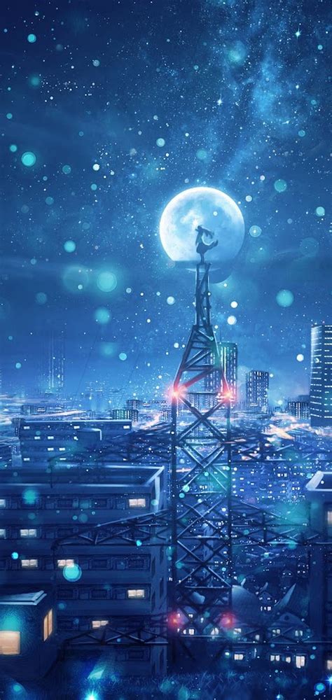 Night, Sky, City, Stars, Anime, Scenery, 4k, - Anime Phone Wallpaper 4k ...