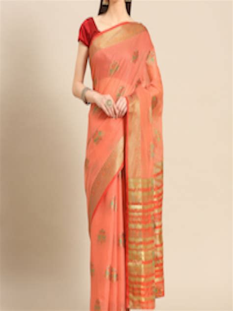 Buy Silk Land Pink Gold Toned Woven Design Zari Saree Sarees For