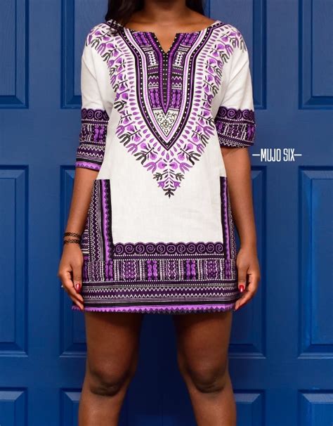 Purple White Custom Dashiki Dress Mujosix