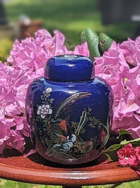 Vintage Cobalt Blue Ginger Jar, Gilded Birds and Greenery, Asian Decor ...