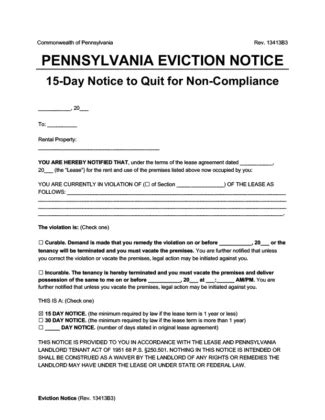 Free Pennsylvania Notice To Quit Template Non Compliance Pdf Word