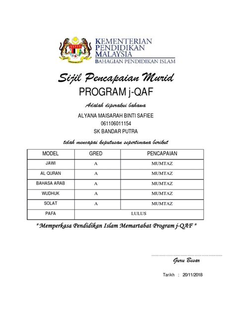 Sijil Pencapaian Program J Qaf Pdf 6pa Pdf