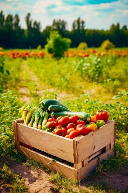 Caja De Madera Llena De Muchos Tomates Y Pepinos Verdes Y Rojos Ia