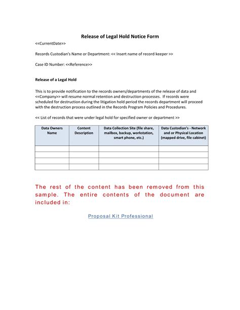 Release of Legal Hold Notice Form | Project management templates ...