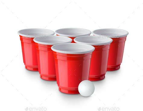 Beer Pong Red Plastic Cups And Ping Pong Ball Isolated On White