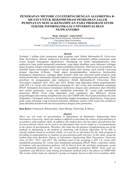 Penerapan Metode Clustering Dengan Algoritma K