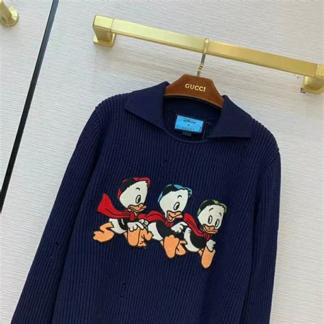 Gucci Men Disney X Gucci Donald Duck Cotton Wool Sweater Holes Crewneck Collar Navy Lulux