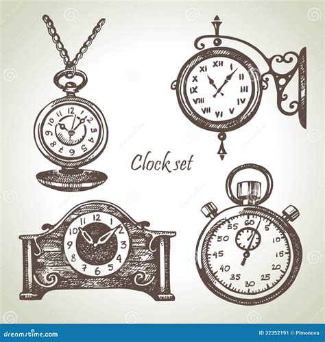 Hand Drawn Set Of Clocks And Watches Stock Vector Illustration Of