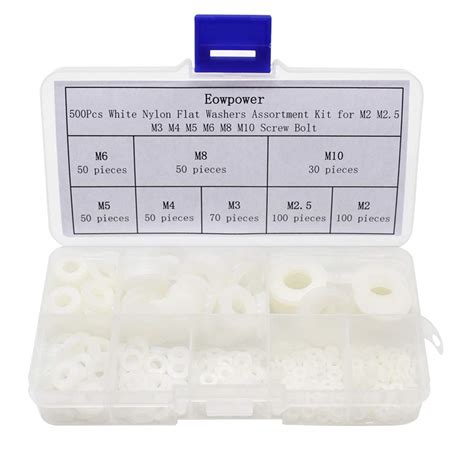 Eowpower 500 Pieces White Nylon Flat Washers Assortment Kit For M2 M2 5