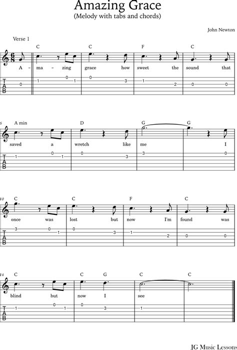 Amazing Grace (chords, melody with tabs and arrangement) - JG Music Lessons