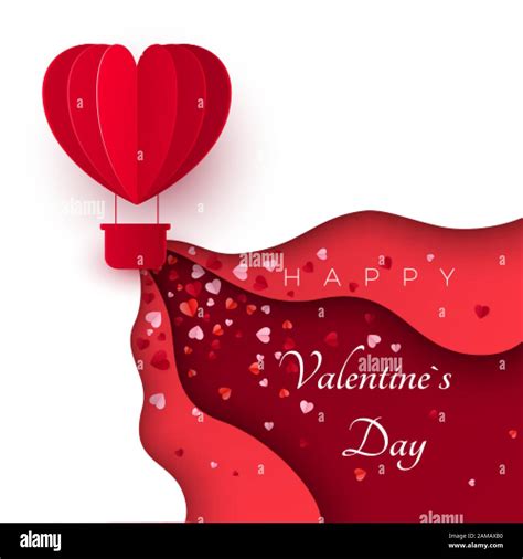 Happy Valentine`s day greeting card with paper cut red heart shape ...