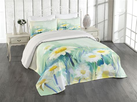 Ambesonne Floral Quilted Coverlet 3 Pcs Daisy Flower Field Art King