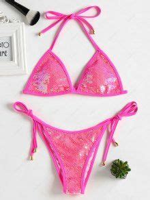 Sequined Scrunch Butt String Bikini Set In DEEP PINK ZAFUL 2026
