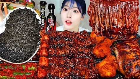 ASMR MUKBANG Crispy Fried Chicken Spicy Black Bean Fire Noodles