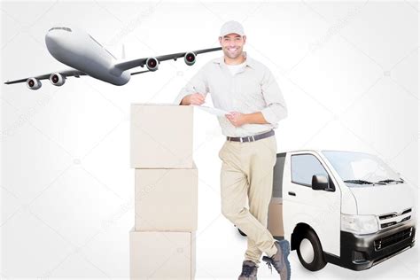 Delivery Man With Clipboard Leaning On Cardboard Fotografias De Stock