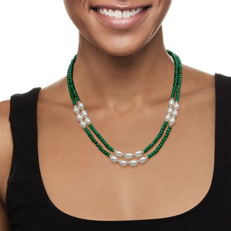 Ct T W Emerald Bead And Mm Cultured Pearl Two Strand