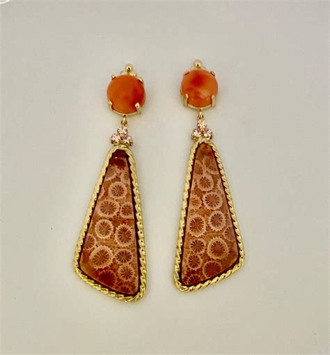 Michael Kneebone Coral Pink Sapphire Fossilized Coral Dangle Earrings
