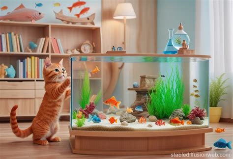 Cat's Failed Attempt to Catch Fish in Aquarium | Stable Diffusion Online