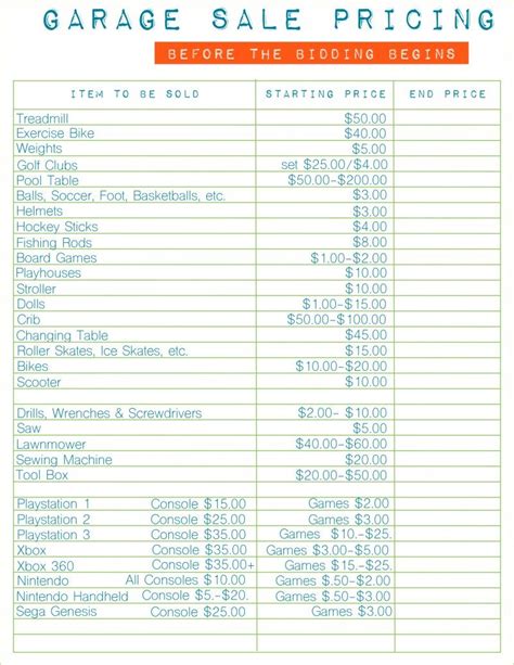 Free Printable Garage Sale Prices