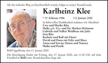 Traueranzeigen Von Karlheinz Klee Trauerportal Ihrer Tageszeitung