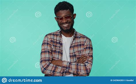 Seductive Cheerful Stylish African American Man Wearing Sunglasses