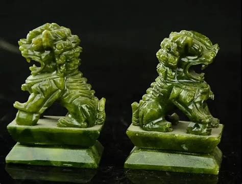 Rare A pair 100% China natural jade hand carved statues fo dog lion-in Statues & Sculptures from ...