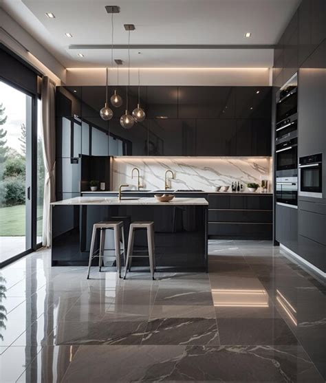 Una Cocina Moderna Con Elegantes Gabinetes Negros Y Un Lujoso Piso De