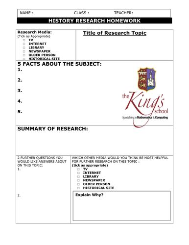 History Homework Research Template Teaching Resources