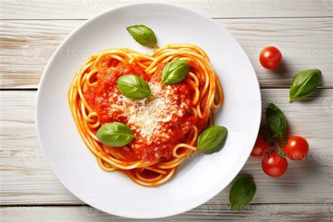 Heart Shaped Spaghetti With Tomato Sauce And Parmesan Cheeses On White