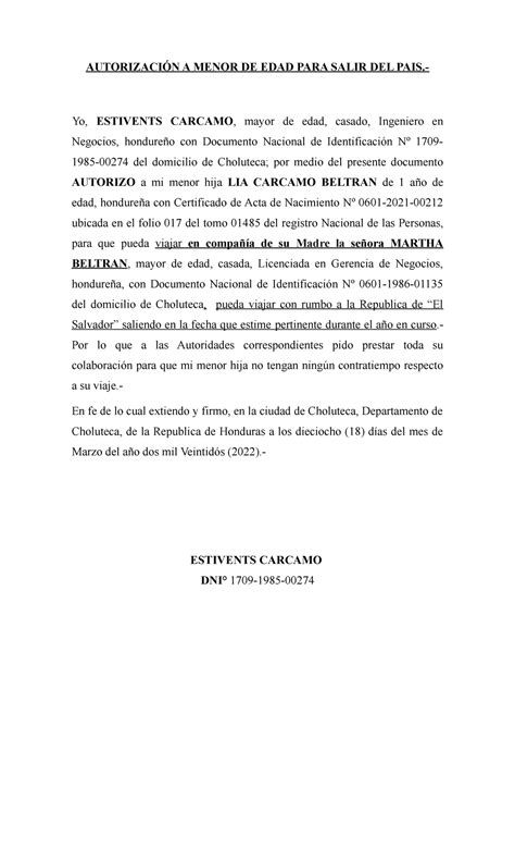 Autorización A Menor DE EDAD PARA Salir DEL PAIS AUTORIZACIÓN A MENOR