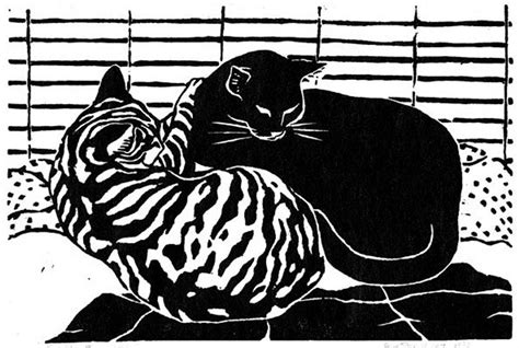 Cozy Black And Tabby Cats In Cat Nap Ii Black And Etsy Woodcut Art