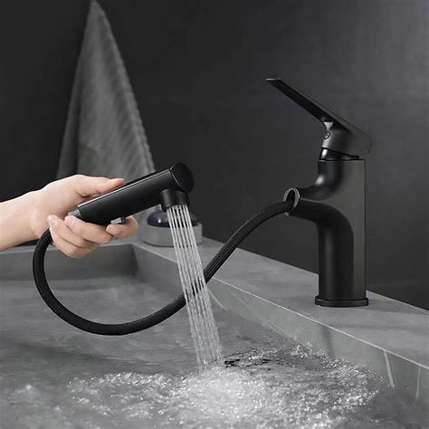 Pull Out Bathroom Sink Faucet With Dual Function In Matte Black Solid