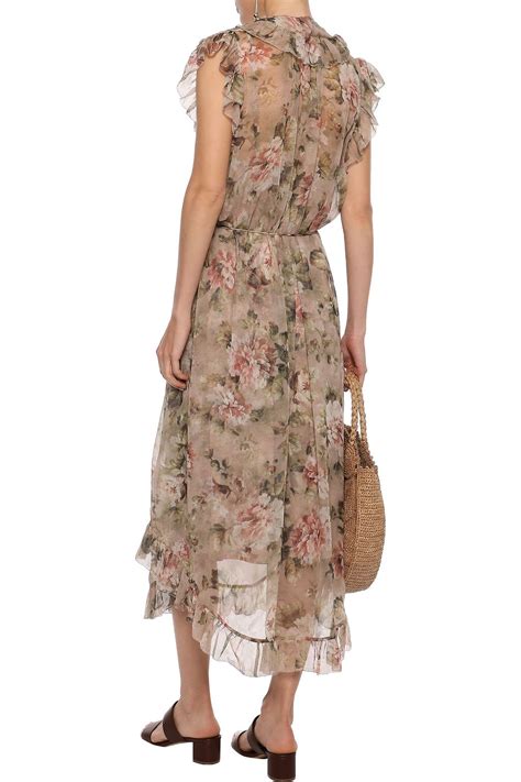 Zimmermann Ruffled Trimmed Floral Print Silk Chiffon Midi Dress The