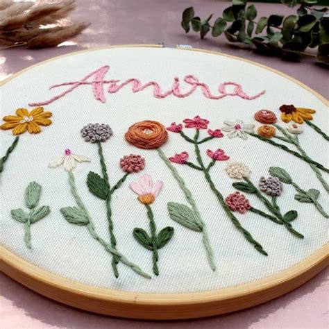 Custom Name Floral Embroidery Hoop Modern Embroidery Nursery Etsy