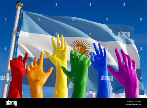 Rainbow Colored Hands From Lgbt Community Against Flag Of Argentina Argentinian Gay Parade