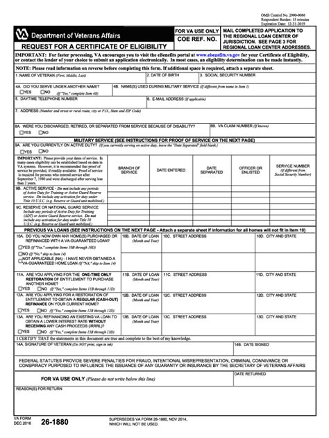 Fillable Online Va Form 26 1880 Request For A Certificate Of Eligibility Fax Email Print