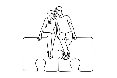 Happy Couple Sitting On Jigsaw Puzzles Hugging Smiling Man And Woman