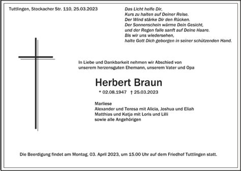 Traueranzeigen Von Herbert Braun Schwaebische De Trauerportal