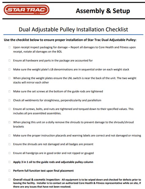 Installation Checklist Dual Adjustable Pulley