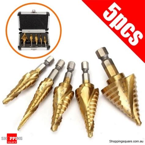 5Pcs HSS Titanium Spiral Step Drill Bit Set 1 4 Inch Hex Shank Hole