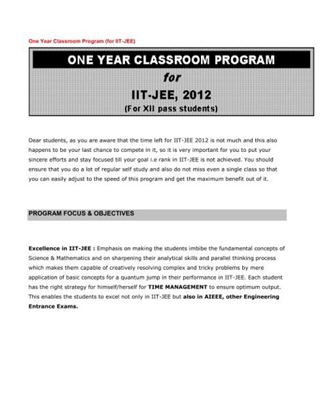 One Year Classroom Program 12th Pass Pdf Fiitjee Home