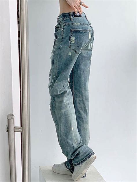 Emmiol Free Shipping 2024 Ink Splash Distressed Jeans Blue M In Ripped