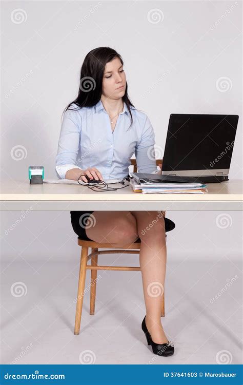 Female Poses Behind A Desk In The Office Stock Image Image Of Adult