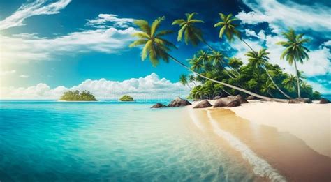 Tropical Island Beach With Palms Generative Ai Stock Illustration