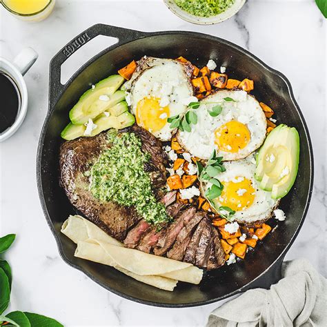 Steak And Eggs Skillet With Chimichurri And Sweet Potatoes Beef Loving Texans Beef Loving