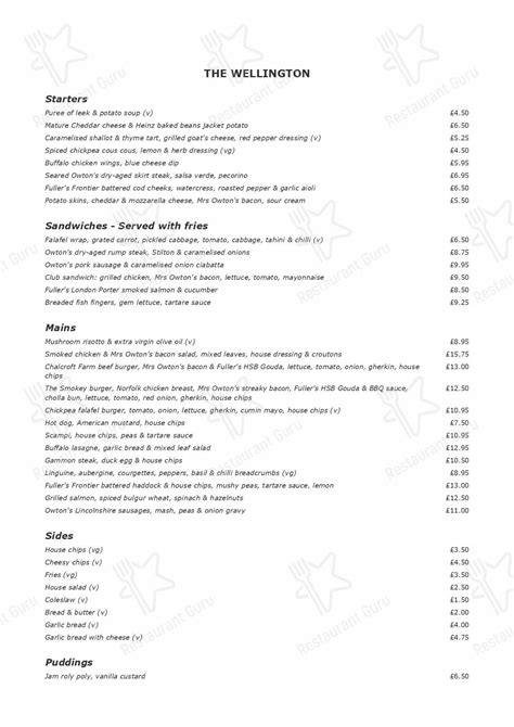 Menu at The Wellington Hotel, Waterloo pub & bar, London, 81-83 Waterloo Rd