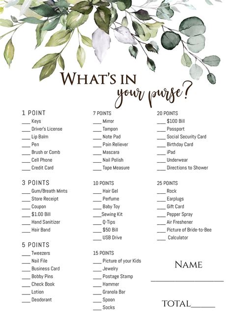 Greenery What S In Your Purse Bridal Shower Game Printable Announce