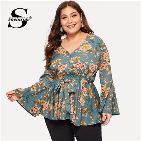 Sheinside Plus Size Floral Print Knot Flounce Sleeve Blouse Women Long